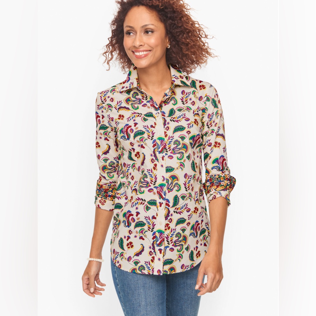 Talbots Cream Button-Down Shirt With Multicolor Paisley Print